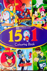 Coloring book for boys with 15 themed activities including superheroes and cartoon characters