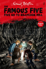 Book cover for 'The Famous Five: Five Go to Billycook Hill' by Enid Blyton, featuring a red banner at the top with the title and an illustration of the five children exploring a rocky cave.