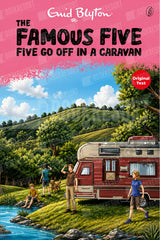 Book cover for 'The Famous Five: Five Go Off in a Caravan' by Enid Blyton, featuring an illustrated campsite scene with a red and cream caravan, four children, a dog, trees, hills, and a pink sky with white clouds.