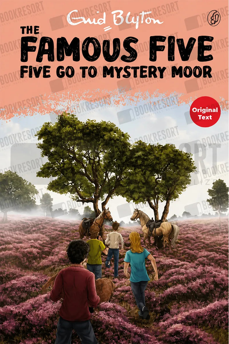 Book cover for 'The Famous Five: Five Go to Mystery Moor' by Enid Blyton, showing five children walking through a pink heather field toward trees with horses under a pale sky. The title and author name are printed at the top, with an 'Original Text' badge on the right.