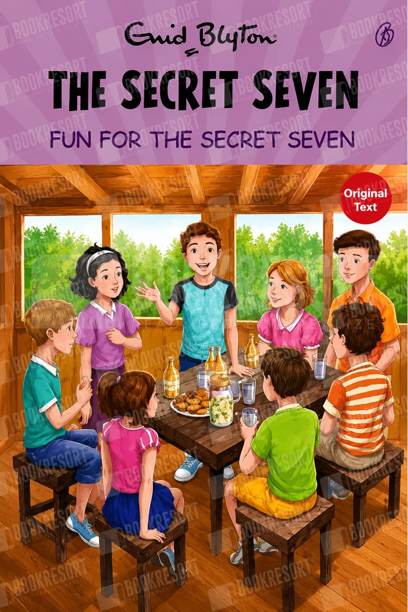 Book cover for 'The Secret Seven' by Enid Blyton, featuring an illustration of seven children gathered around a table in a wooden cabin with green trees visible outside the windows.
