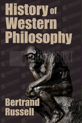 Book cover for 'History of Western Philosophy' by Bertrand Russell, featuring a large bronze sculpture on a dark background with beige title and author text.