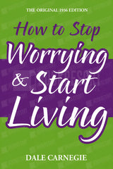 Book cover for 'How to Stop Worrying & Start Living' by Dale Carnegie, featuring a bright green background with a wide purple horizontal band and large white title text outlined in purple.