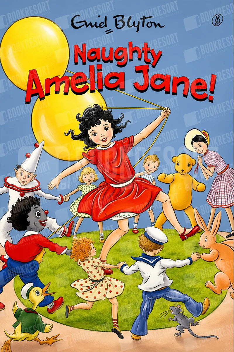 Illustrated book cover for Enid Blyton's 'Naughty Amelia Jane!' showing a group of children playing outdoors on grass with yellow balloons, a teddy bear, a rabbit, a duck, and a rat against a blue sky.