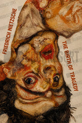 Book cover for 'The Birth of Tragedy' by Friedrich Nietzsche, featuring an expressive, painterly close-up of a face with dramatic red, orange, black, and beige tones on a textured off-white background.