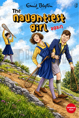 Book cover for 'The naughtiest girl again' by Enid Blyton, featuring an illustrated outdoor scene with two children walking on a path and another child standing in the background, all wearing blue and yellow clothing. The title and author name are prominently displayed at the top.