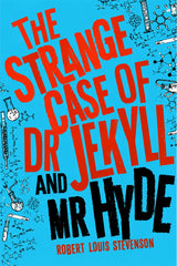 Book cover for 'The Strange Case of Dr Jekyll and Mr Hyde' by Robert Louis Stevenson, featuring a bright blue background with large red and black title text and small scientific illustrations around the edges.