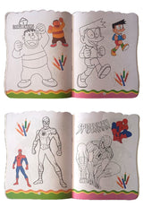 Coloring book with illustrations of cartoon characters doremon  and Spider-Man, open to two pages.