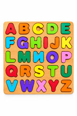A wooden english alphabet puzzle board with colorful alphabet letters arranged in a grid on a light wood background, photographed against a plain white background.