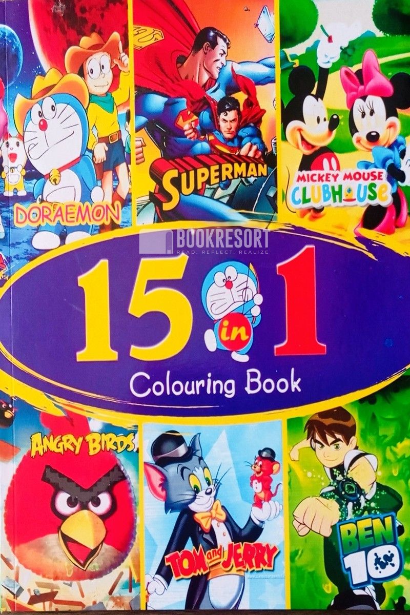 Coloring book for boys with 15 themed activities including superheroes and cartoon characters