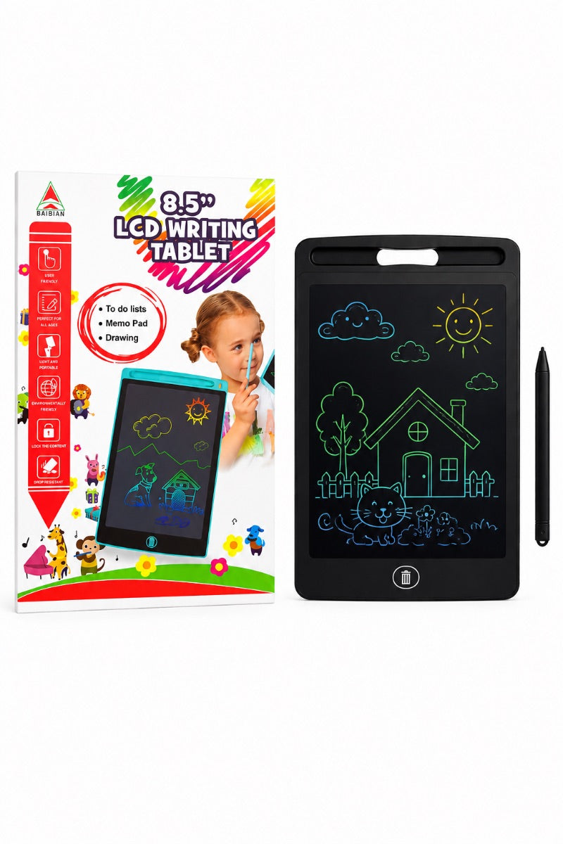 A 8.5-inch LCD writing tablet shown next to its retail packaging box.