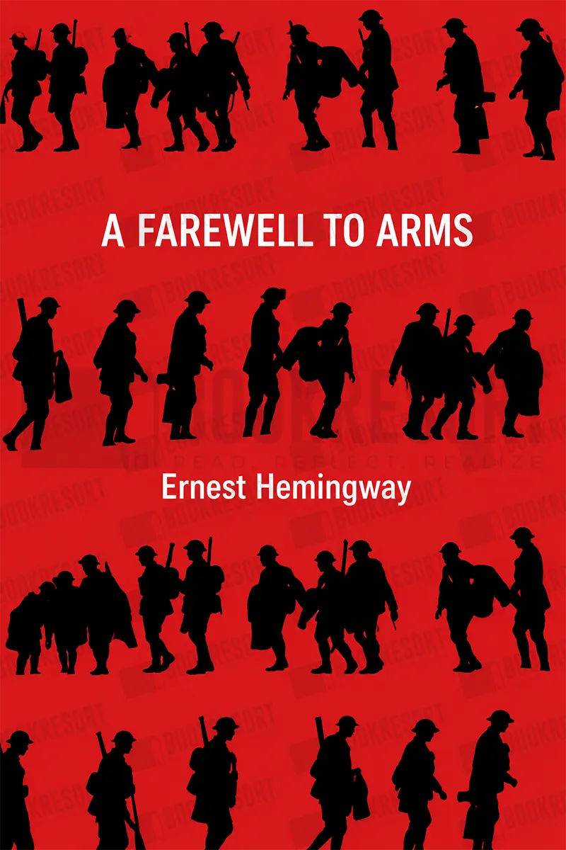 Book cover for 'A Farewell to Arms' by Ernest Hemingway, featuring black soldier silhouettes in profile against a bright red background with white title and author text.