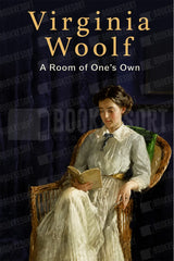 Book cover for Virginia Woolf's 'A Room of One's Own' featuring a painted woman in a white dress seated in a chair against a dark blue background, with the title text at the top and repeated BOOKRESORT READ watermark text across the image.
