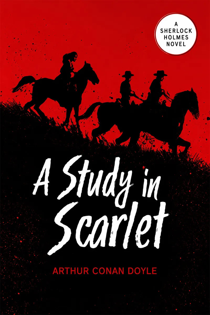 Book cover for 'A Study in Scarlet' by Arthur Conan Doyle, featuring a red and black design with silhouettes of three cowboys riding horses across a hill. A white circular badge in the top right reads 'A Sherlock Holmes Novel'.
