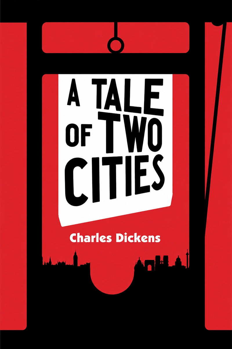 Book cover for 'A Tale of Two Cities' by Charles Dickens, featuring a bold red, black, and white design with the title in large black letters on a white tilted rectangle and the author's name in white below.