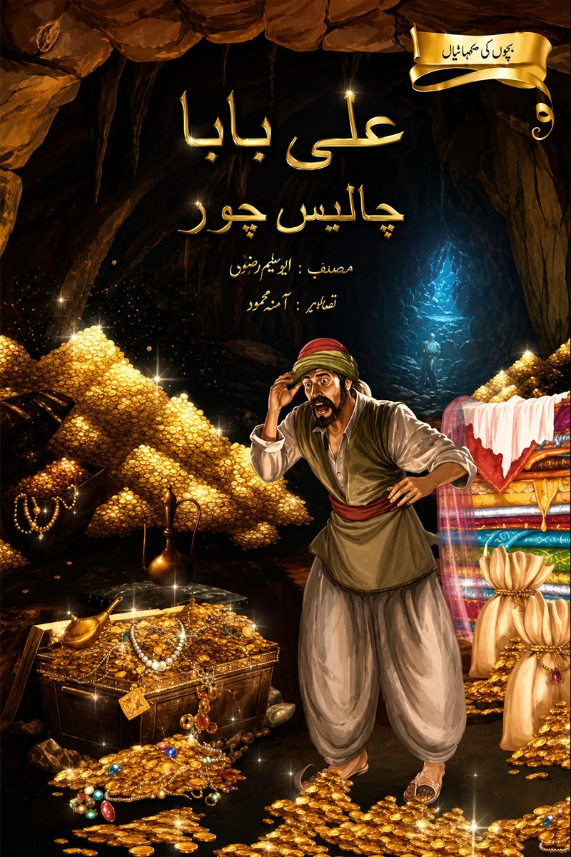 A book cover illustration featuring a bearded man standing in a dark cave with glowing gold treasure, jewels, and colorful textiles. Arabic text is prominently displayed, including the title 'على بابا چايلس چور' and a gold banner near the top right.