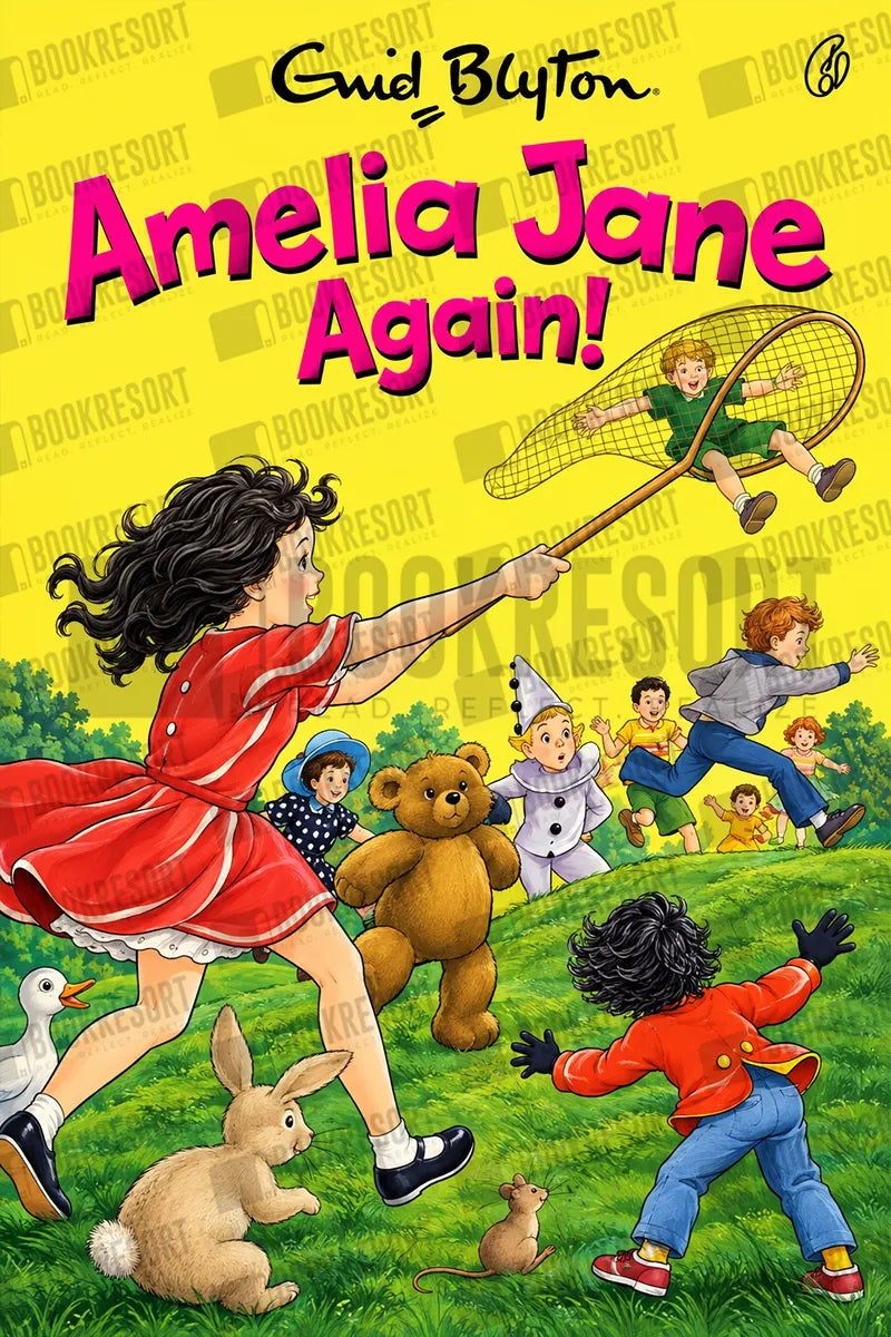 Illustrated book cover for 'Amelia Jane Again!' by Ewid Bluton, featuring a colorful cartoon scene of children playing outdoors on a grassy hill with a teddy bear, duck, rabbit, and mouse, set against a bright yellow background with large pink title text.