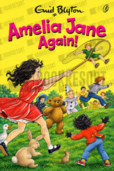 Illustrated book cover for 'Amelia Jane Again!' by Ewid Bluton, featuring a colorful cartoon scene of children playing outdoors on a grassy hill with a teddy bear, duck, rabbit, and mouse, set against a bright yellow background with large pink title text.