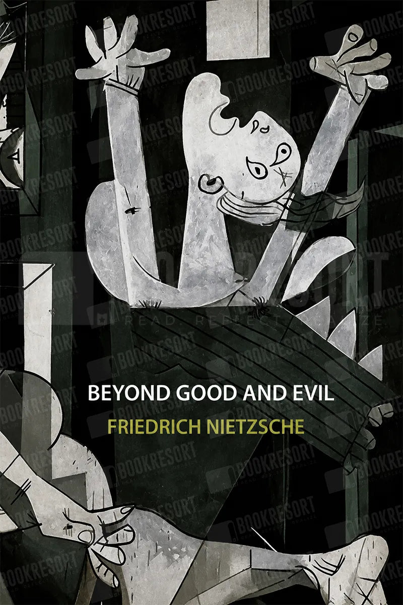Book cover for 'Beyond Good and Evil' by Friedrich Nietzsche, featuring a stylized black and white cubist illustration of a figure with raised arms, with the title and author name in white and yellow text.