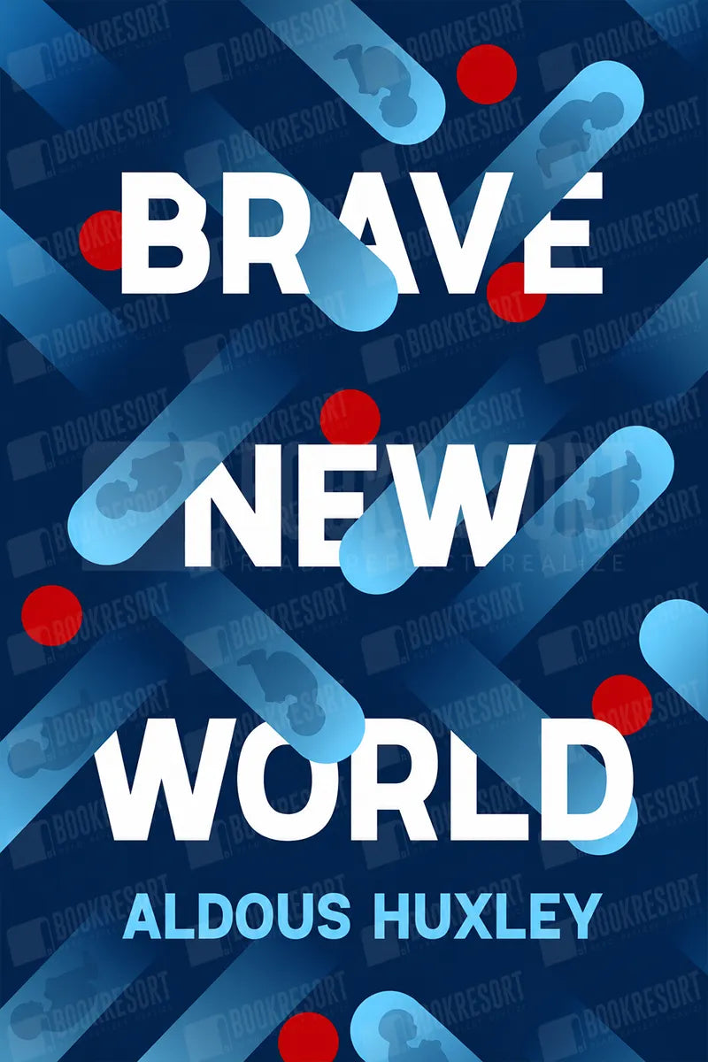 Book cover for 'Brave New World' by Aldous Huxley, featuring bold white title text over a dark blue background with abstract light blue diagonal shapes and scattered red dots.