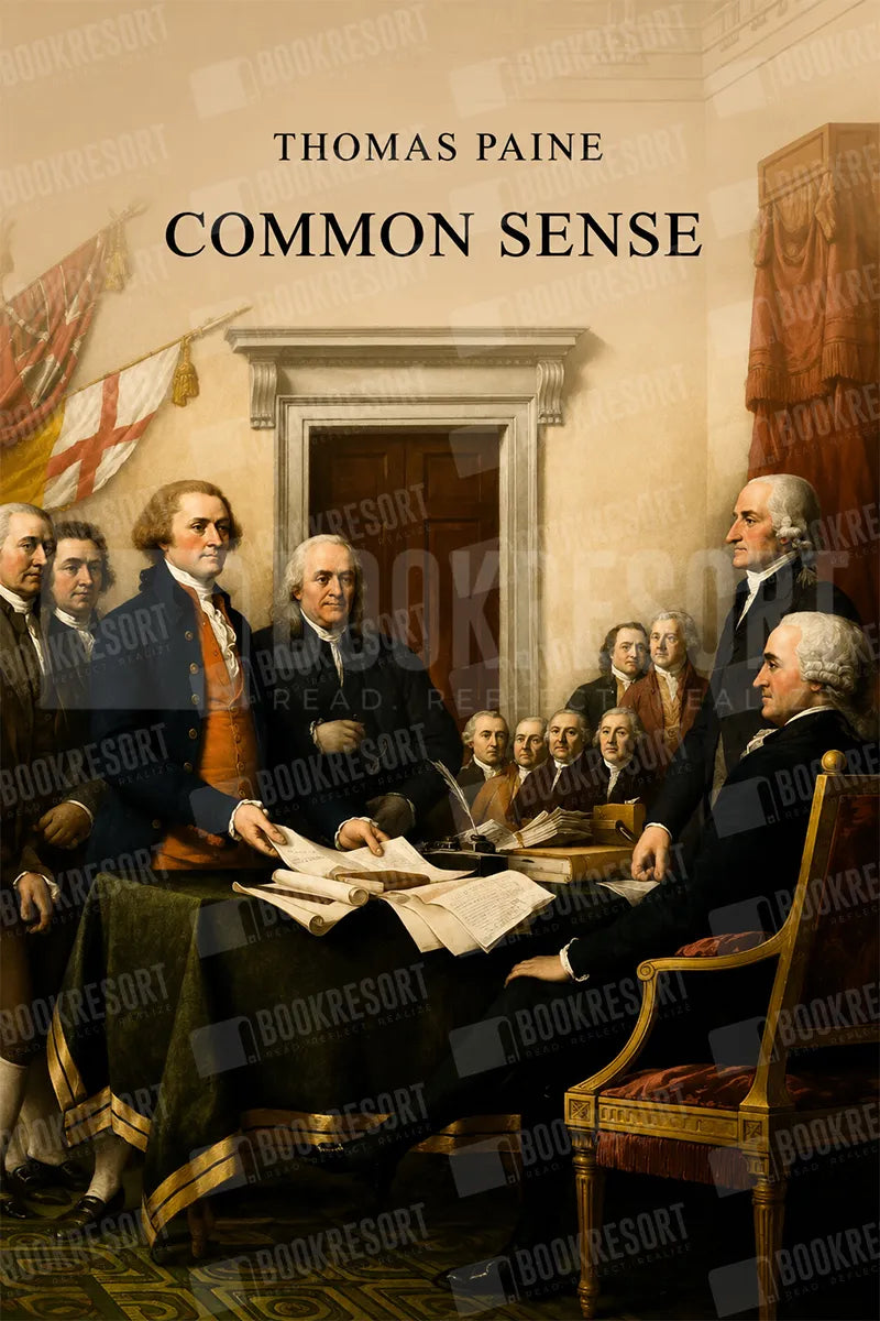 Book cover for 'Common Sense' by Thomas Paine, featuring a historical painting of Founding Fathers gathered around documents, with the title and author name in black text at the top.
