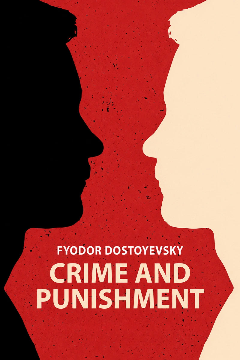 Book cover for 'Crime and Punishment' by Fyodor Dostoyevsky, featuring a bold red and cream color-blocked design with black silhouette profiles of two faces facing each other.