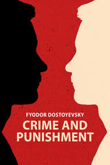 Book cover for 'Crime and Punishment' by Fyodor Dostoyevsky, featuring a bold red and cream color-blocked design with black silhouette profiles of two faces facing each other.