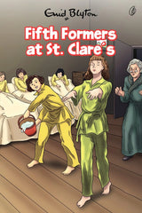 Illustrated book cover for 'Fifth Formers at St. Clare's' by Enid Blyton, showing several girls in a bedroom with beds and wooden floors.