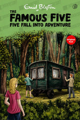 Book cover for 'The Famous Five: Five Fall Into Adventure' by Enid Blyton, showing an illustrated forest scene with a dark green caravan and four children. The title and author name are prominently displayed at the top.