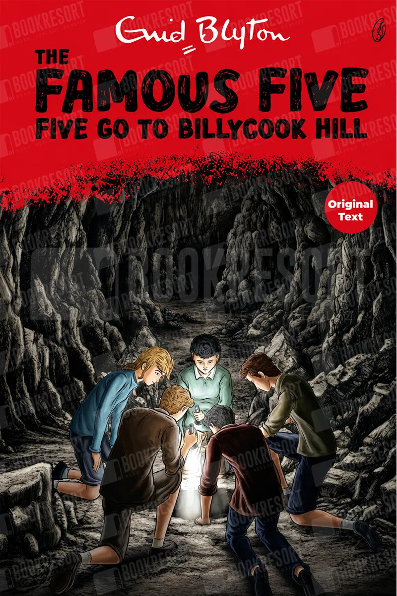Book cover for 'The Famous Five: Five Go to Billycook Hill' by Enid Blyton, featuring a red banner at the top with the title and an illustration of the five children exploring a rocky cave.