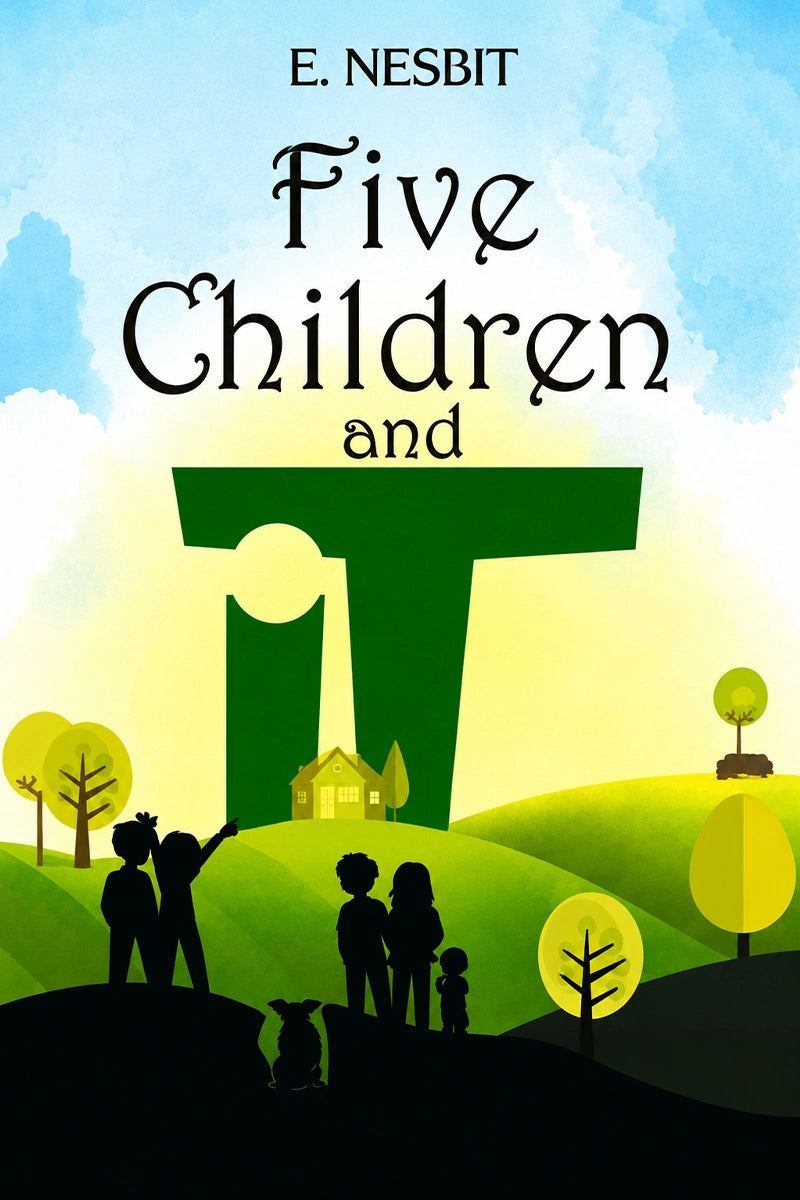 Book cover for 'Five Children and It' by E. Nesbit, featuring a stylized illustration of children and a dog silhouetted against rolling green hills, a small house, trees, and a blue sky background.