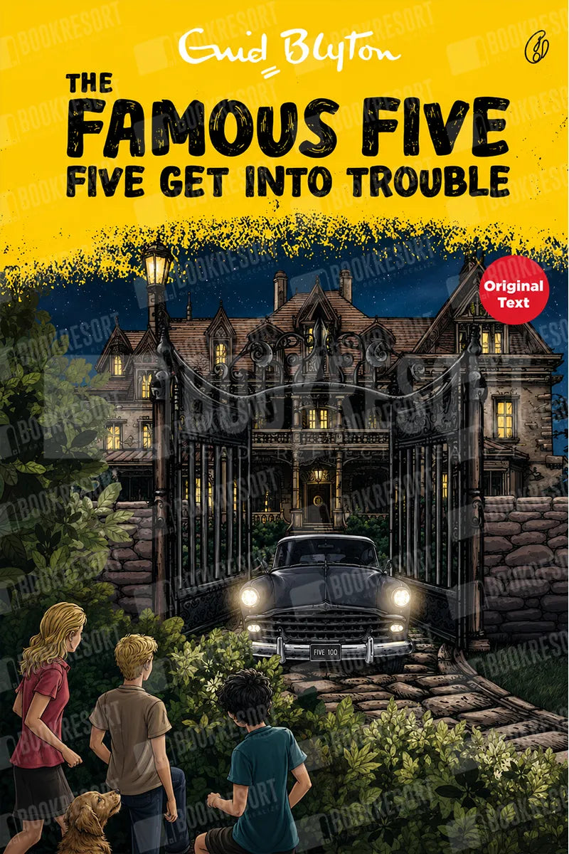 Book cover for 'The Famous Five: Five Get Into Trouble' by Enid Blyton, featuring a large haunted house at night with a car parked in front, and the five children standing in the garden below. The title is displayed prominently at the top against a bright yellow background.