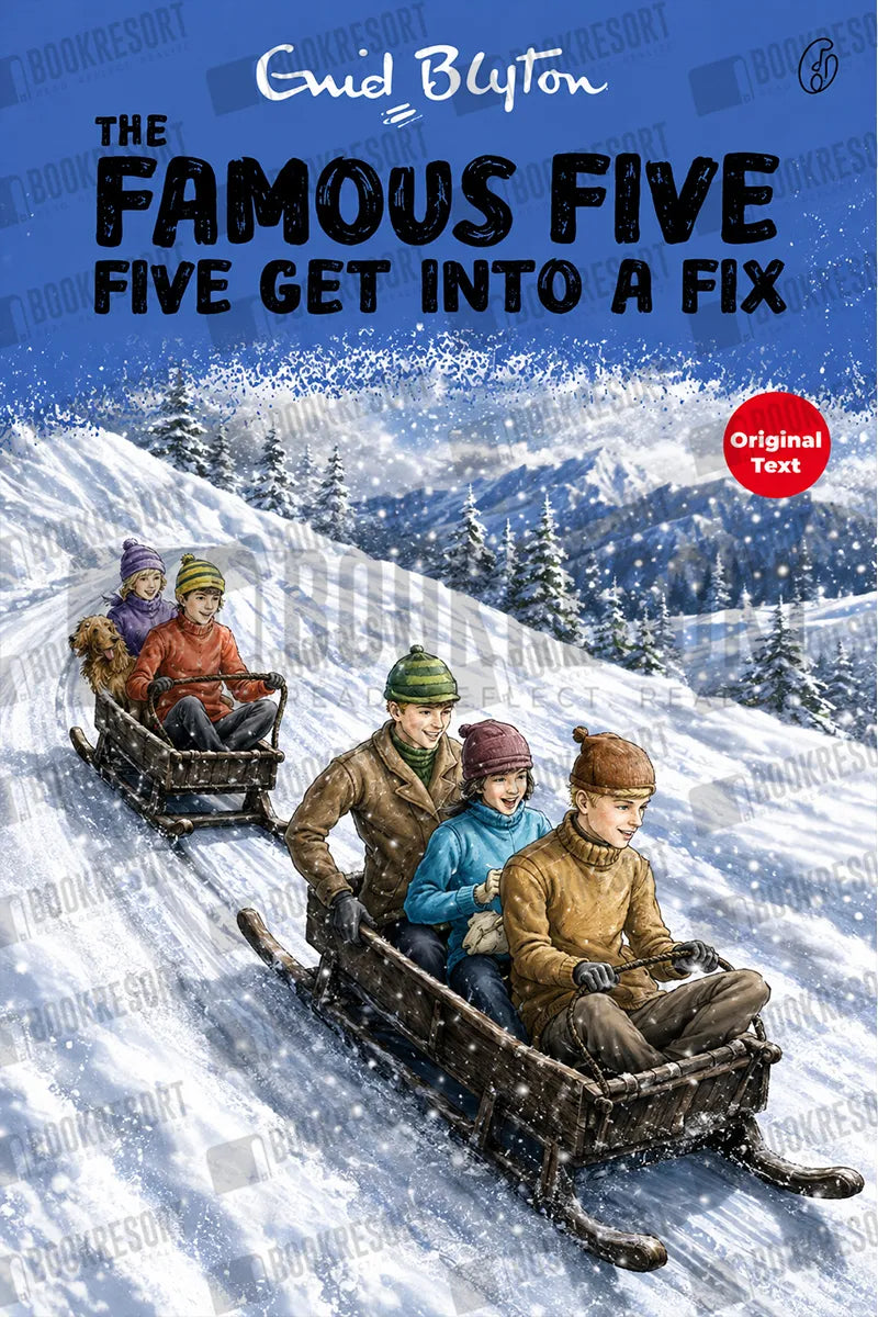 Book cover for 'The Famous Five: Five Get Into a Fix' by Enid Blyton, showing the children sledding down a snowy mountain in winter clothing, with the title and author name at the top.