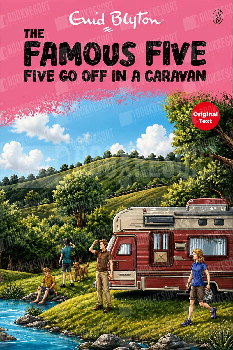 Book cover for 'The Famous Five: Five Go Off in a Caravan' by Enid Blyton, featuring an illustrated campsite scene with a red and cream caravan, four children, a dog, trees, hills, and a pink sky with white clouds.