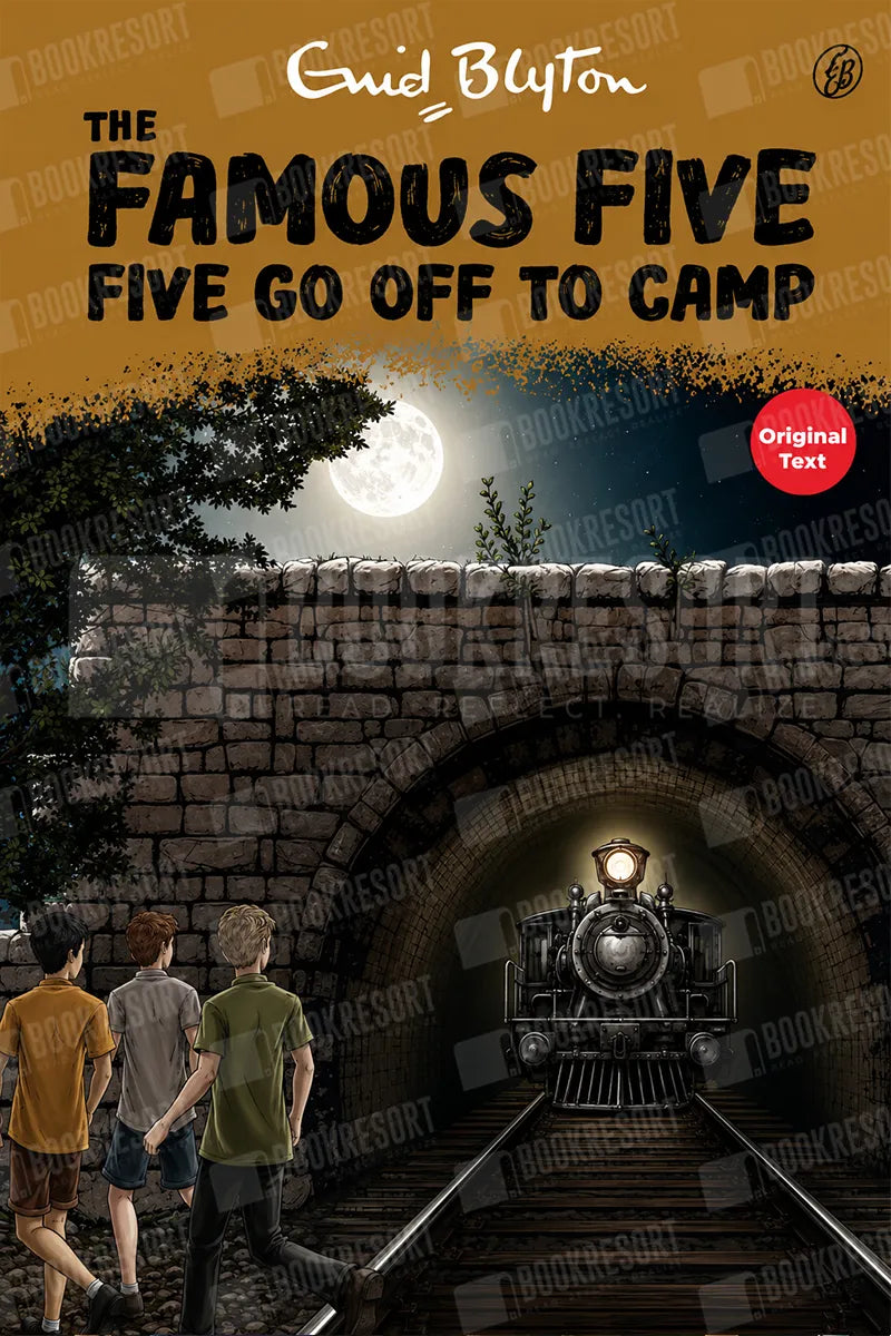 Book cover for 'The Famous Five: Five Go Off to Camp' by Enid Blyton, showing three children walking beside a stone bridge toward a train approaching a tunnel at night under a full moon.