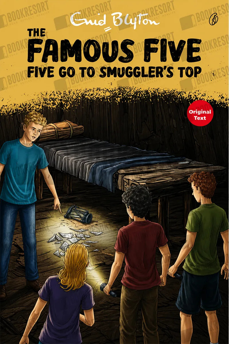 Illustrated book cover for 'The Famous Five: Five Go to Smuggler's Top' by Enid Blyton, showing four children in a dark wooden room with a bed and scattered money under a yellow title banner.