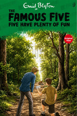 Book cover for 'The Famous Five: Five Have Plenty of Fun' by Enid Blyton, featuring an illustrated forest scene with two children on a path toward a waterfall, with the title and author text at the top.