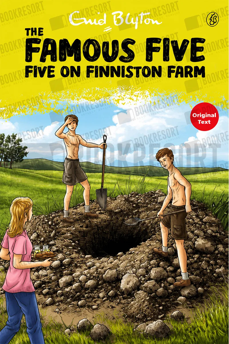 Book cover for 'The Famous Five: Five on Finniston Farm' by Enid Blyton, featuring an illustration of the five children outdoors in a grassy field with a large dug hole in the center. The title is displayed prominently in bold black text on a bright yellow background at the top.