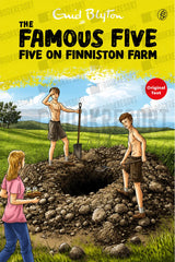 Book cover for 'The Famous Five: Five on Finniston Farm' by Enid Blyton, featuring an illustration of the five children outdoors in a grassy field with a large dug hole in the center. The title is displayed prominently in bold black text on a bright yellow background at the top.