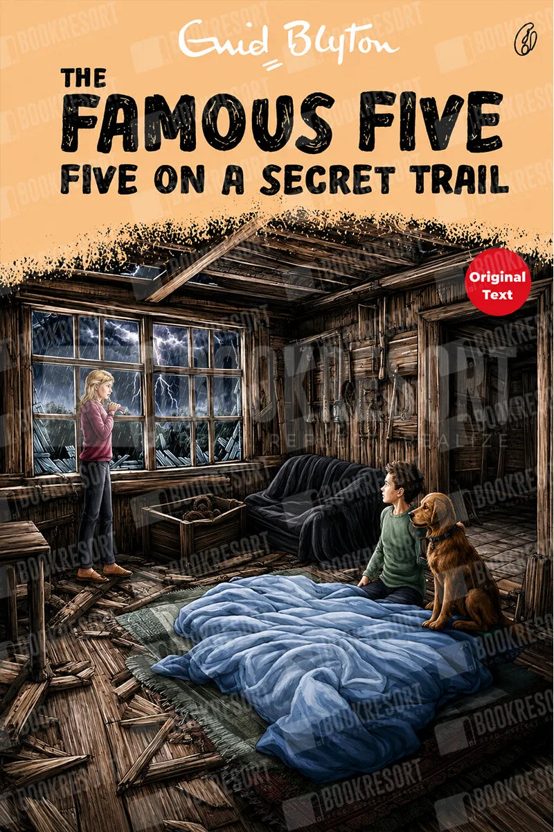 Book cover for 'The Famous Five: Five on a Secret Trail' by Enid Blyton, featuring an illustrated scene of children and a dog in a dilapidated wooden cabin with a blue blanket spread on the floor.