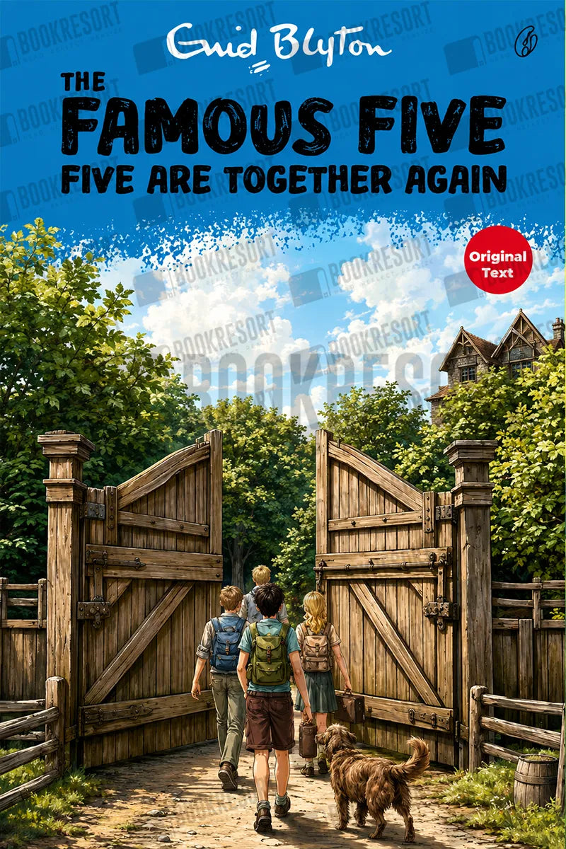 Book cover for 'The Famous Five: Five Are Together Again' by Enid Blyton, showing the five children walking through a large wooden gate with their dog under a blue sky, with the title and author name prominently displayed at the top.