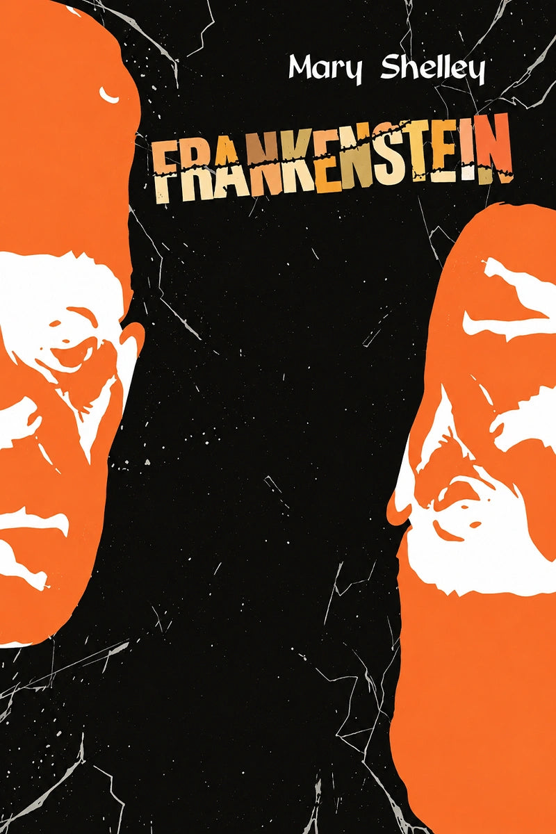 Book cover for 'Frankenstein' by Mary Shelley, featuring a black background with white crackle texture, bold orange silhouettes of two faces, and the title in distressed orange lettering.