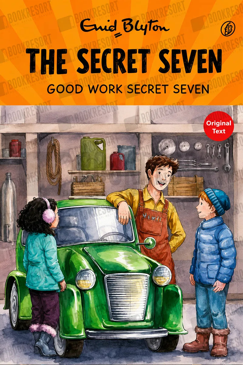 Book cover for 'The Secret Seven' by Enid Blyton, featuring an illustrated garage scene with a green vintage car, a mechanic in orange overalls, and two children in blue and teal winter clothing. The top section has an orange gradient background with the title and author name in black text.
