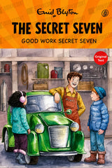 Book cover for 'The Secret Seven' by Enid Blyton, featuring an illustrated garage scene with a green vintage car, a mechanic in orange overalls, and two children in blue and teal winter clothing. The top section has an orange gradient background with the title and author name in black text.