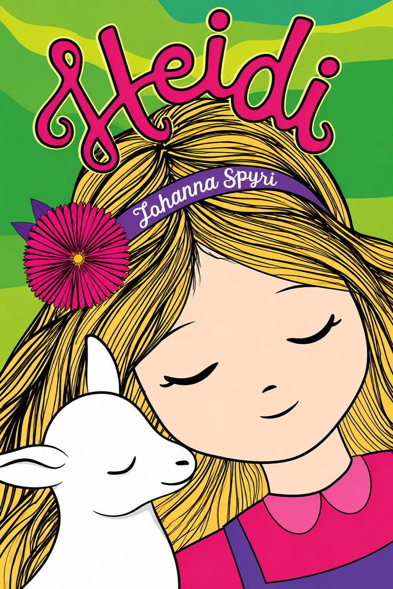 Illustrated book cover featuring a smiling girl with long blonde hair, closed eyes, a purple flower in her hair, and a white lamb at her side, with the title 'Heidi' in large pink script and the author name 'Johanna Spyri' on a purple ribbon.