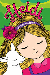 Illustrated book cover featuring a smiling girl with long blonde hair, closed eyes, a purple flower in her hair, and a white lamb at her side, with the title 'Heidi' in large pink script and the author name 'Johanna Spyri' on a purple ribbon.