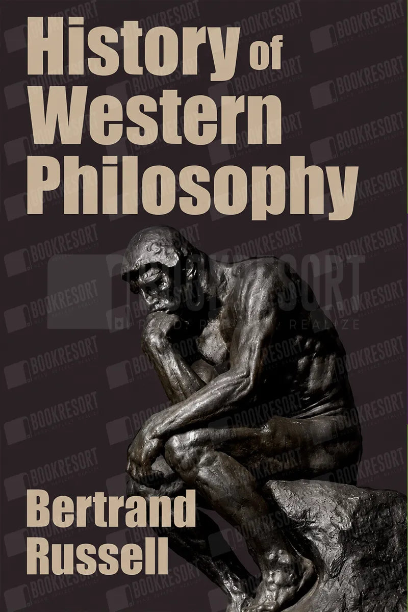 Book cover for 'History of Western Philosophy' by Bertrand Russell, featuring a large bronze sculpture on a dark background with beige title and author text.