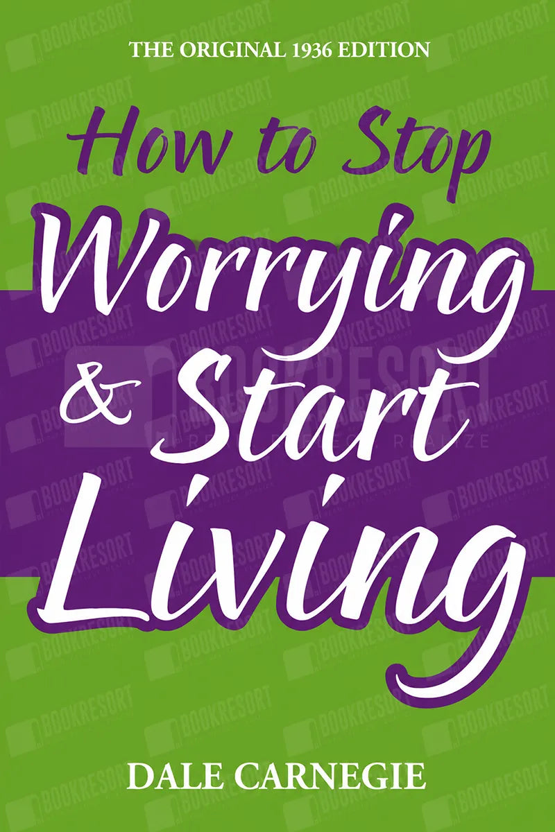 Book cover for 'How to Stop Worrying & Start Living' by Dale Carnegie, featuring a bright green background with a wide purple horizontal band and large white title text outlined in purple.