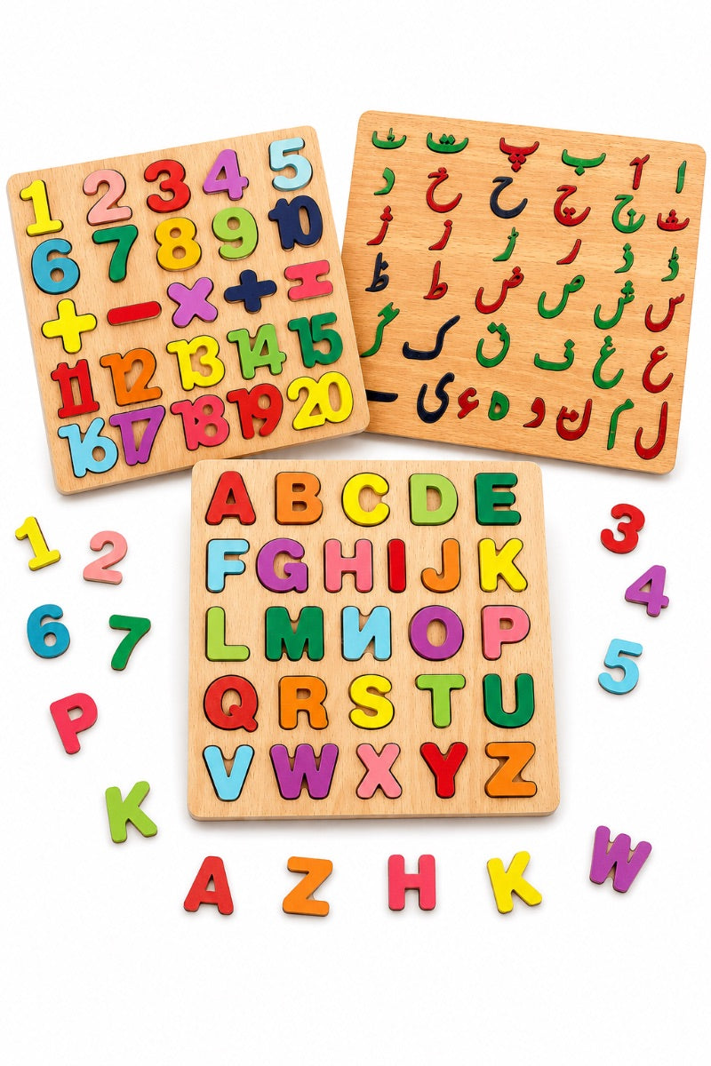 3-in-1 Wooden Alphabet Puzzle Board – English, Urdu & Counting Set