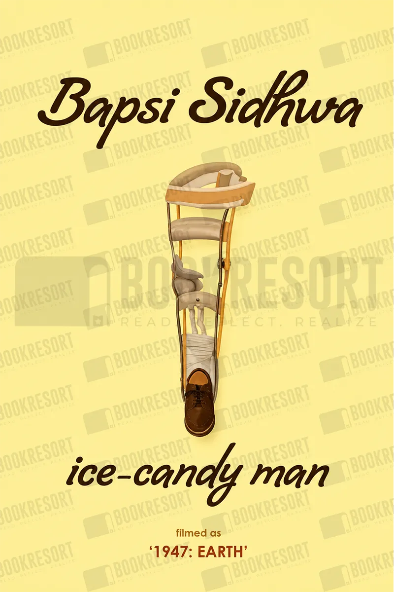 A book cover for 'ice-candy man' by Bapsi Sidhwa, featuring a central illustration of a crutch with a wrapped body inside, set against a pale yellow background with repeated 'BOOKRESORT' watermarks and film text at the bottom.